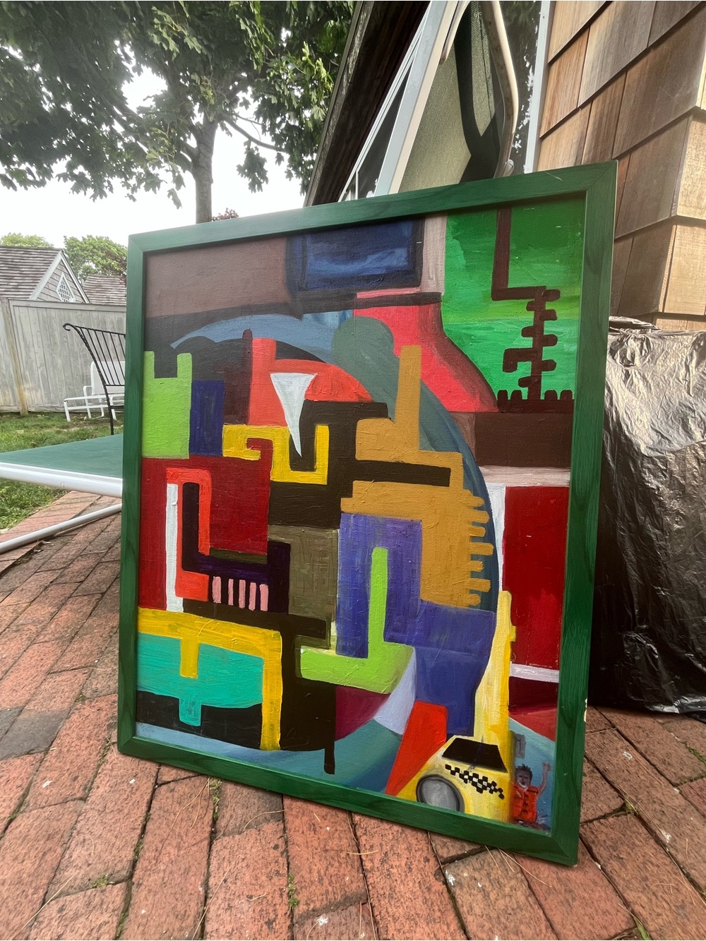 VINTAGE SIGNED ON BACK 1999 acrylic Abstract Geometric Canvas Art in Green Frame